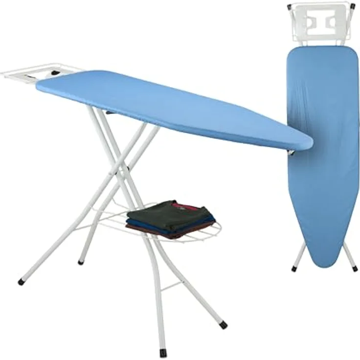 Relaxdays Bügelbrett für Dampfbügeleisen, höhenverstellbar und klappbar, 120 x 38 cm, Kleiderablage, blau