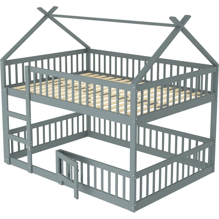 Etagenbett 140x200 cm mit Treppe und Tür – Massivholz Hoch-/Familienbett, Grau – Bild 7