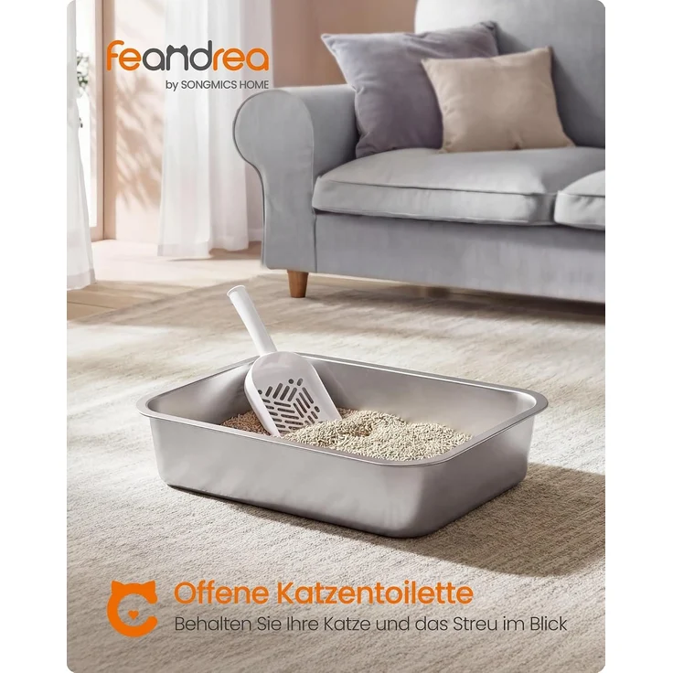 FEANDREA Katzenklo Edelstahl, Katzentoilette mit Schaufel, offen, für kleine Katzen und Kätzchen, 40 x 30 x 10 cm, silbern – Bild 2