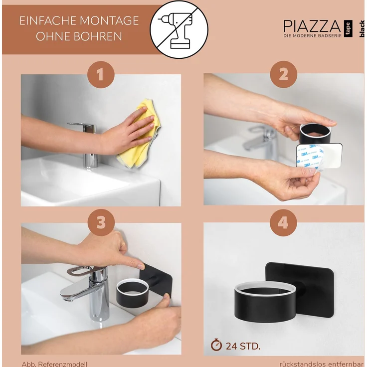 Bad-Serie PIAZZA BLACK TAPE - Zahnputzbecher ohne Bohren - mit Klebepad, aus Glas und Edelstahl, matt schwarz – Bild 4