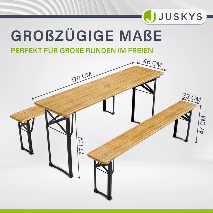 Juskys 'Bichl' Bierzeltgarnitur 3-teilig, klappbar, Holz / Metall natur, 170 x 46 x 77 cm – Bild 7