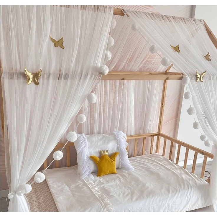 Baby Fancyroom Betthimmel Betthimmel Tüll Hausbett Kinderbett 2 Stück 340cm 380cm Montessori (3-tlg. Set mit 2x Betthimmel und einer 20er Pomponkette, Baldachin, Kinder Betthimmel Baldachin Himmel Deko Set), Betthimmel für Hausbett Montessori – Bild 4