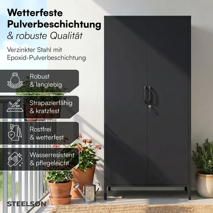 STEELSØN 'Menkent' Outdoor Metallschrank, Doppeltür mit Schloss, schwarz, 170x80x45 cm, mit 6 Einlegeböden, 8 höhenverstellbare Fächer – Bild 2