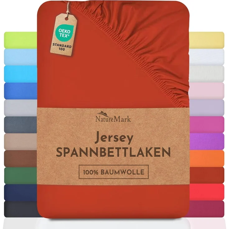 NatureMark Jersey Spannbettlaken, Spannbetttuch 100% Baumwolle in vielen Größen und Farben MARKENQUALITÄT ÖKOTEX Standard 100 | 200x220 cm +40 Steg - rost rot