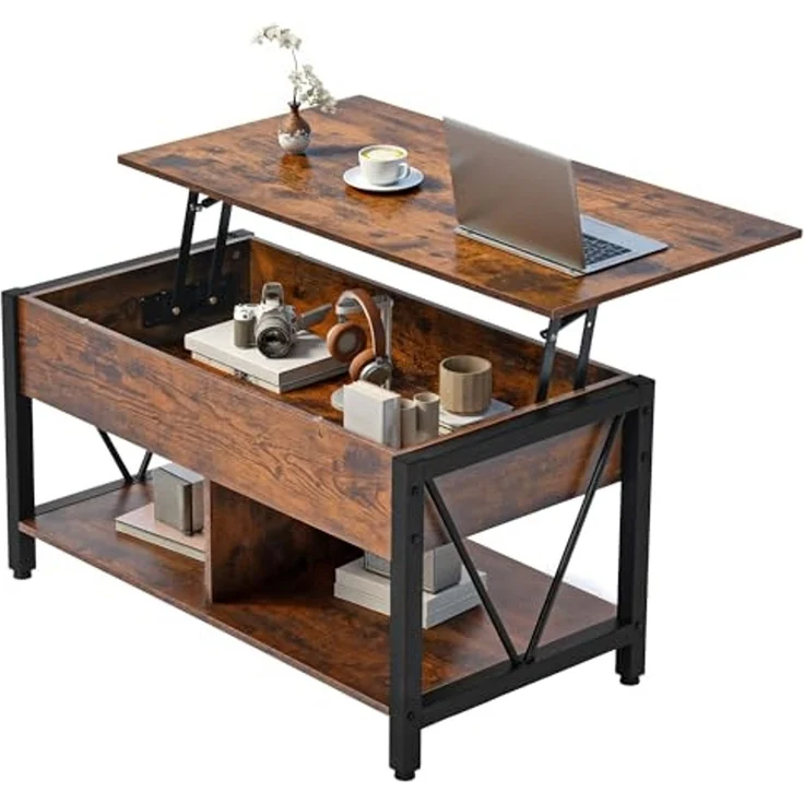 YITAHOME Höhenverstellbarer Couchtisch im Industrie-Design mit verstecktem Stauraum & Ablage, Multifunktionaler Wohnzimmertisch mit Gasdruckfeder, Ideal als Arbeits- oder Esstisch, Vintage-Braun – Bild 1