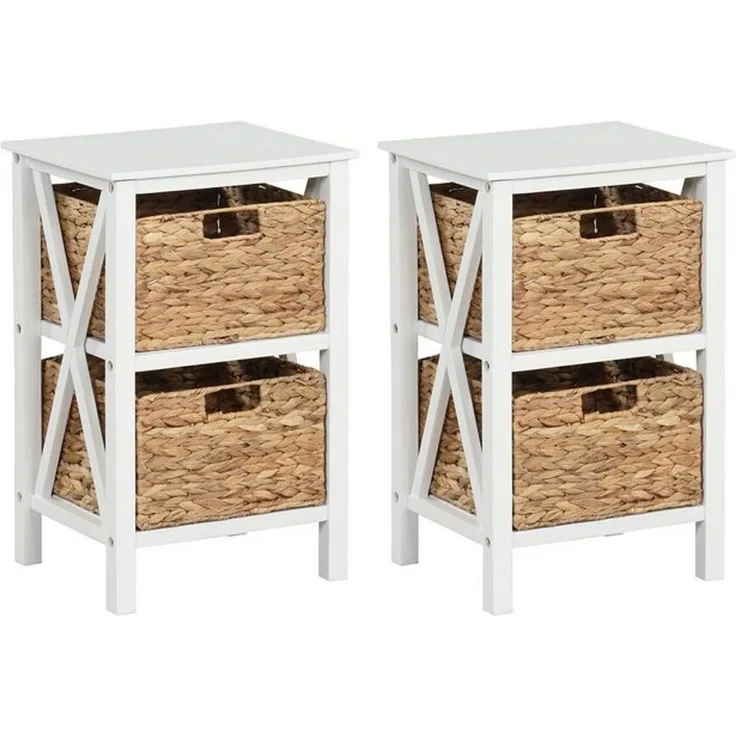 COSTWAY Nachttisch (2-St), mit X-Gestell&Seegraskörben, Holz 36 x 30 x 57 cm weiß