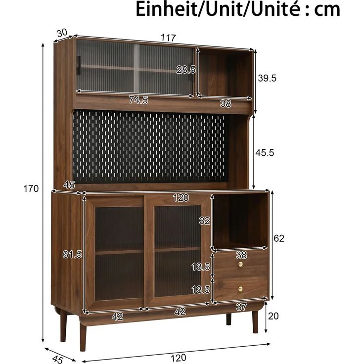 Küchenbuffet aus MDF mit Riffelglas-Schiebetüren, 117x30x170 cm, Nussbaum – Bild 6