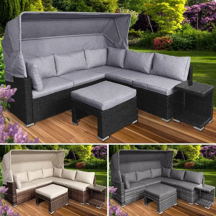 BRAST Sonneninsel Lounge Set Schwarz/Grau 2-6 Personen 30 LEDs + Kissen 230cm Outdoor Gartenmöbel Loungemöbel Sitzgruppe Garnitur