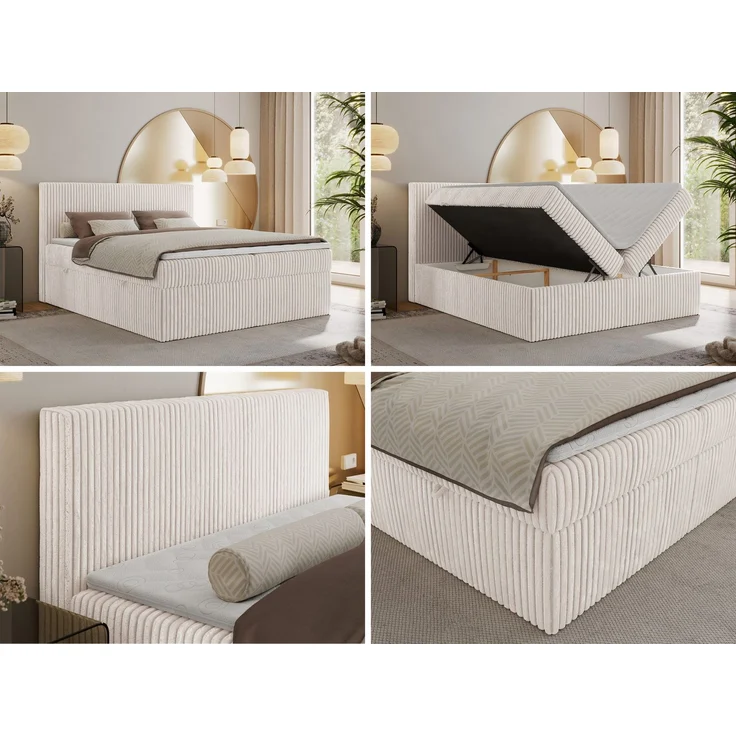 Boxspringbett mit Kopfteil und Topper Visco, Cord Bett - TILIANO - 180 x 200 cm - Beige Cord - H4 – Bild 2