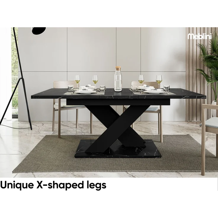 MEBLINI Esstisch Ausziehbar - 140-180x80x75cm - BRONX - Schwarz Marmor/Schwarz Matt - Esszimmertisch Modern - Küchentisch - Säulentisch - Ausziehtisch - Dining Table – Bild 2