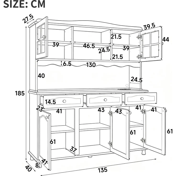 EINHOM Buffetschränke, Esszimmer-Hochschrank 135 x 40 x 185 cm, Mehrstufigem Stauraum, Integrierter Steckdose sowie USB-C- und USB-A-Anschlüssen, Farbiger LED-Streifen, Weiß – Bild 2