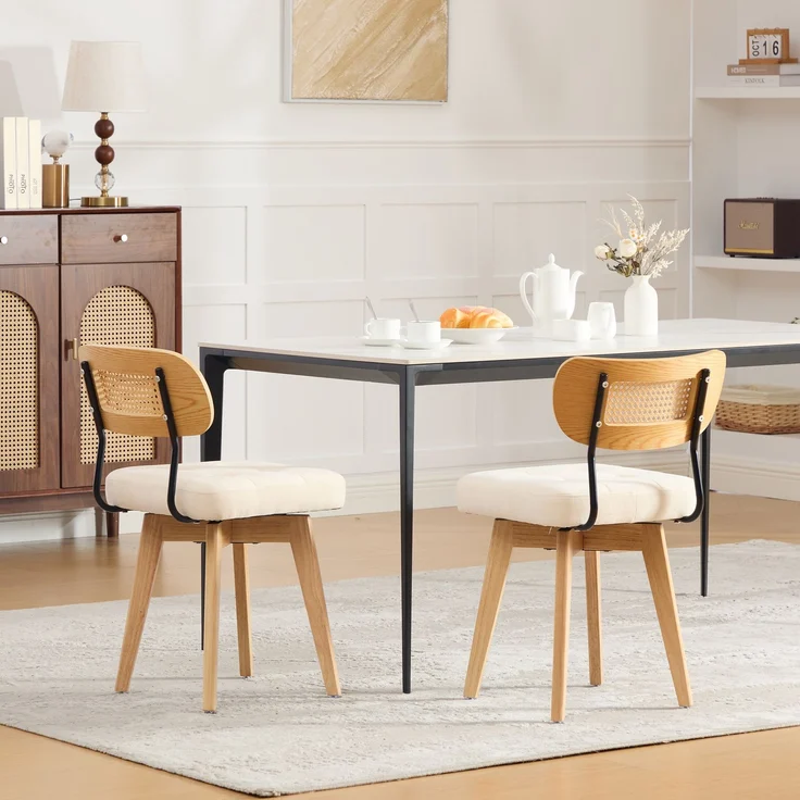LVHOM 2er-Set Esszimmerstühle 360° Drehstuhl, Polsterstuhl in Rattan-Optik mit Chenille Kissen, stabiler Küchenstuhl mit Metallbeinen, Beige – Bild 9