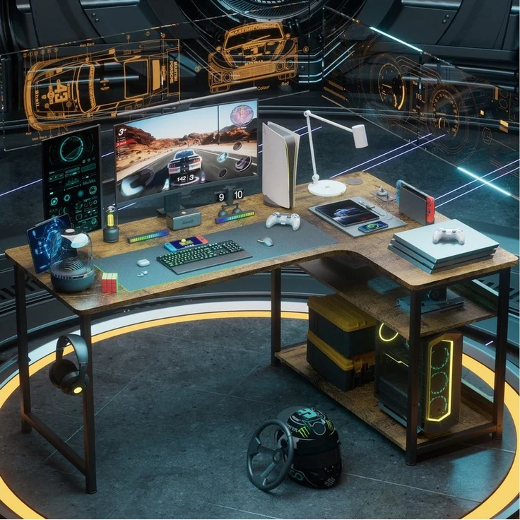 GTPLAYER Schreibtisch Gaming Tisch Eckschreibtisch mit Regal USB-Ladeanschluss und Steckdose (1 Tisch), 120/100cm Computertisch L Form, PC Tisch für Büro, Heimbüro – Bild 3