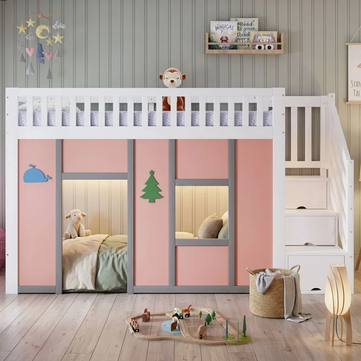 Merax Hochbett 90x200 cm, Kinderbett, Halbhochbett mit Stauraumtreppe, LED-Beleuchtung, Spielbereich, Rausfallschutz und Deko-Motiven, Weiß + Rosa, 252.5 x 95 x 142 cm – Bild 1