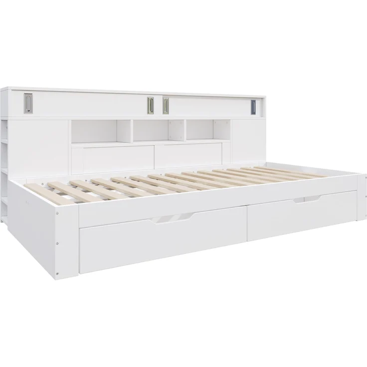 Multifunktionales Daybed mit Schubladen, Schrank, Regalen und Stauraum, 204,5 x 119,5 x 85 cm, Weiß, ohne Matratze – Bild 7
