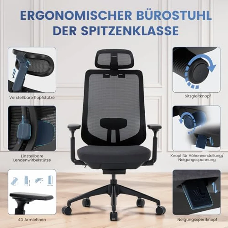 COLAMY XK01 Atlas Ergonomischer Bürostuhl, Netz-Chefsessel mit verstellbarem Kopfstütze, Computer Schreibtischstuhl Drehstuhl mit 4D-Armlehnen, Nylonbasis/Schiebesitz/Neigungssperre, Schwarz – Bild 6