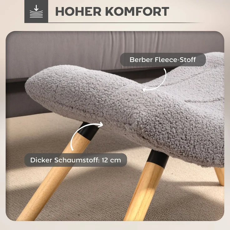 Moderner Fußhocker mit Fleece-Bezug und Holzbeinen, gepolstert, für Wohnzimmer, Schlafzimmer, Flur, Hellgrau--Hellgrau--67x45x38cm--YOUDENOVA – Bild 8