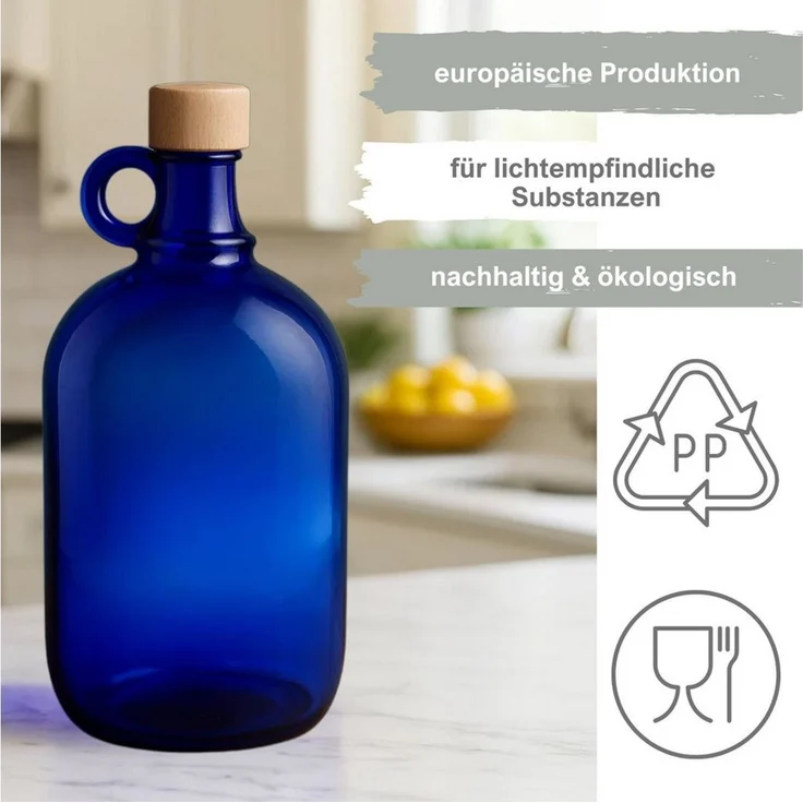 mikken Trinkflasche Henkelflasche 2000 ml blau mit Holzdeckel – Glasballonflasche Blauglas, UV-Schutz, XXL, Lebensmittelecht – Bild 3