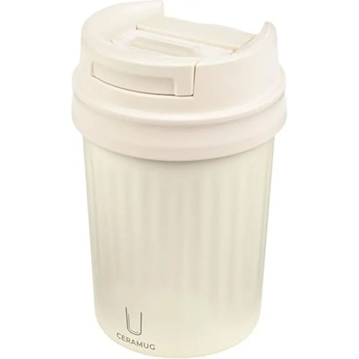 TROIKA Thermobecher CERAMUG, Kaffeebecher to Go aus Edelstahl mit Keramikbeschichtung, 6h heiß 12h kalt, auslaufsicherer Deckel mit Schiebeverschluss – 300ml