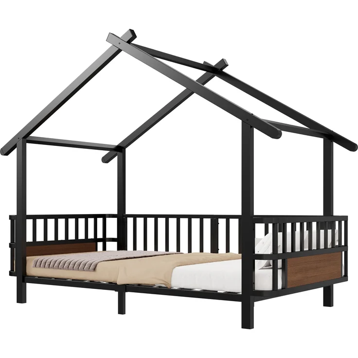 Kinderbett aus Metall in Hausform, 90 x 200 cm, mit Sicherheitsgitter, Dachdesign und dekorativem Rahmen, für Jungen und Mädchen, Schwarz – Bild 6