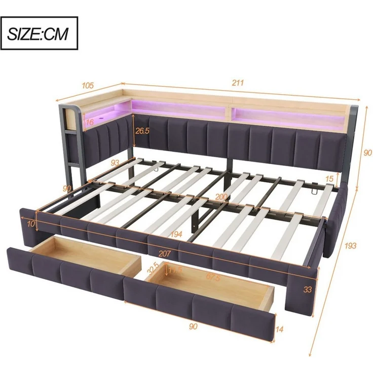 Celya Polsterbett Schlafsofa 90/180 × 200 cm Mit Ausziehbarem Bettteil und Schubladen (ohne Matratze, Mit LED-Beleuchtung, USB- und Typ-C-Anschlüssen), Mit Ablage und Staufächern, Samtstoff – Bild 2