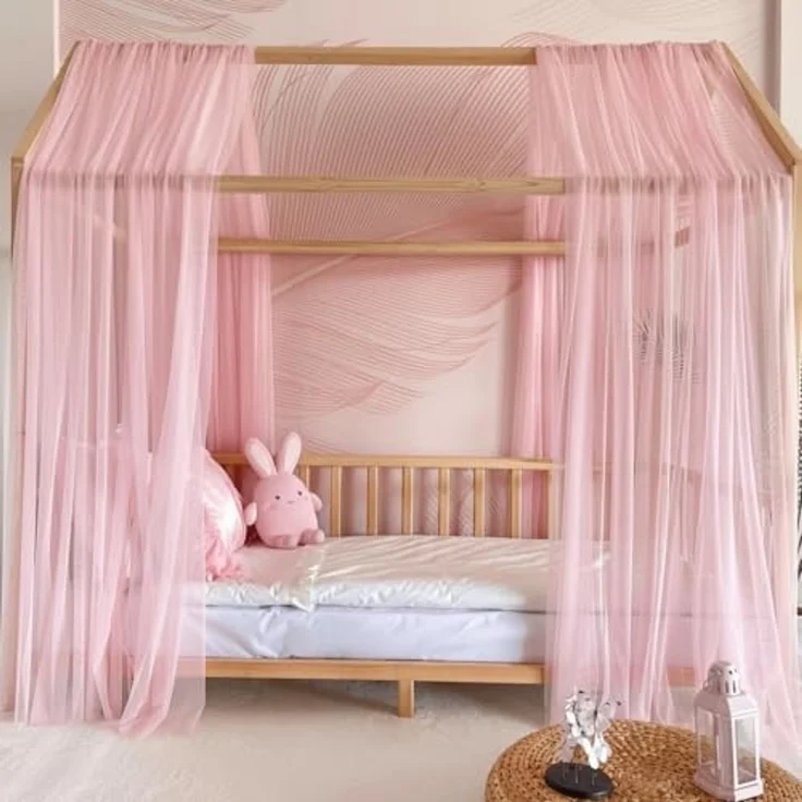 Baby Fancyroom Betthimmel Betthimmel Tüll Hausbett Kinderbett 2 Stück 340cm 380cm Montessori (3-tlg. Set mit 2 Stück Betthimmel und einer 20er Pomponkette, Baldachin, Kinder Betthimmel Baldachin Himmel Deko Set), Betthimmel für Hausbett Montessori – Bild 3