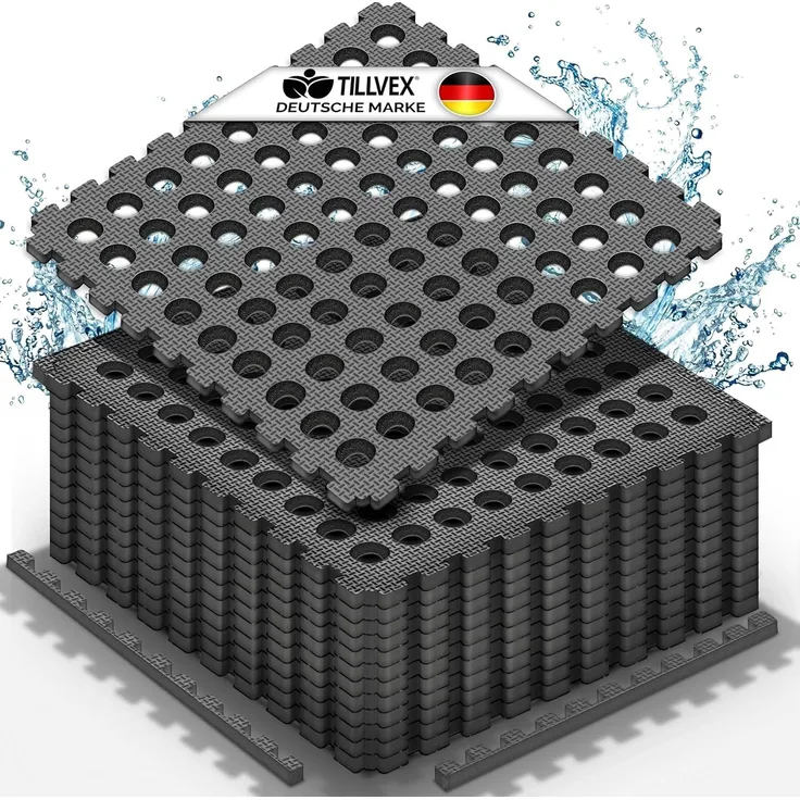 tillvex® Pool Bodenschutzmatte mit Löchern 4 Stück Schwarz | Unterlegmatte für Pool & Planschbecken 51x51 cm | Poolmatte Bodenmatte Outdoor | Poolunterlage Bodenschutz Matten wärmeisolierend | Whirlpool Bodenfolie weich