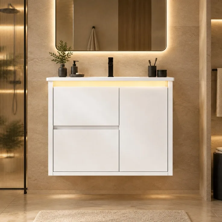 Waschtisch 61 x 46,5 x 57 cm, wandhängend, mit Keramikbecken und LED-Sensorbeleuchtung