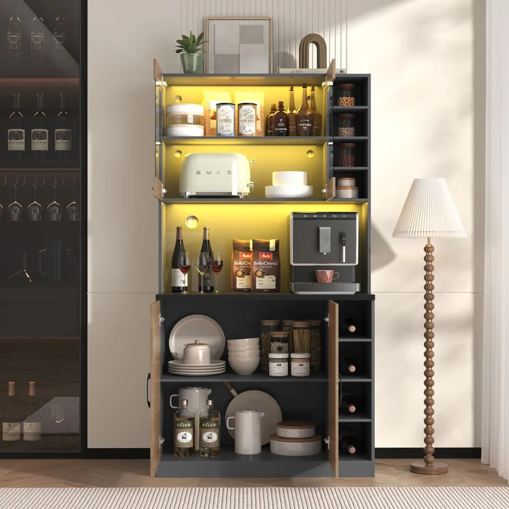 100x47x187cm, Küchenschrank, Buffet mit LED-Ambiente-Beleuchtung und Kabellöchern, Küchen-Highboard aus Holz, großer Platz für Mikrowelle, freistehend, höhenverstellbare seitliche Ablagefächer – Bild 8