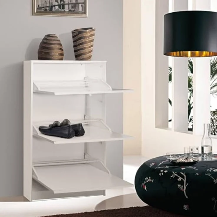 Dmora Schuhschrank mit DREI Türen und Klappen aus Holz, Farbe: Weiß, 62 x 18 x 114 cm – Bild 1