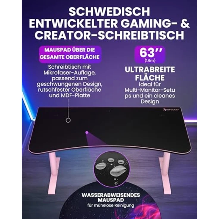 Arozzi Arena Gaming Desk - Pink, großer Gaming-Tisch mit vollflächigem Mikrofaser-Mauspad und höhenverstellbaren Stahlbeinen – Bild 2