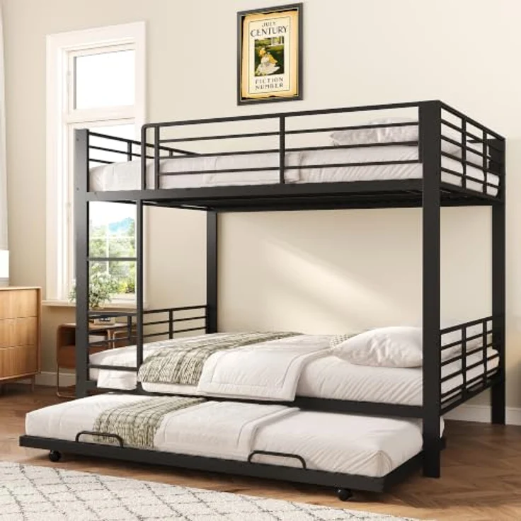 FAVSH Etagenbett 140x200 cm für 3 Personen aus Metall, Hochbett mit Rausfallschutz und Leiter, Geräuscharmes Doppelbett, rutschfest, für Jugendliche und Erwachsene, WG & Ferienwohnung, Schwarz B – Bild 1