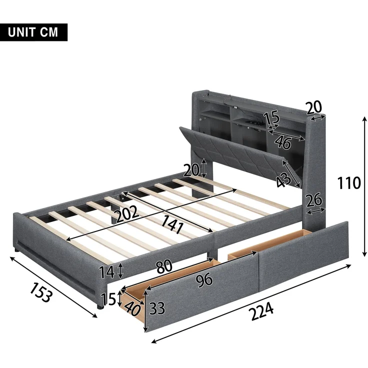 Polsterbett 140×200 cm aus Leinen-Stoff mit LED-Beleuchtung und USB-Ladebuchse, grau – Bild 4