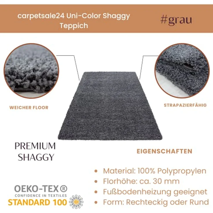 Carpetsale24 Shaggy Hochflor Teppich 60x110 cm Grau weich flauschig modern einfarbig Für Flur oder kleine Räume für Wohnzimmer Schlafzimmer Flur – Bild 3