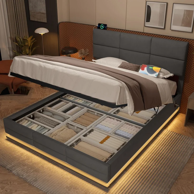 TavilaEcon Boxspringbett Modernes Polsterbett mit höhenverstellbarem Kopfteil & LED-Beleuchtung grau Liegefläche 160 × 200 cm – Bild 4