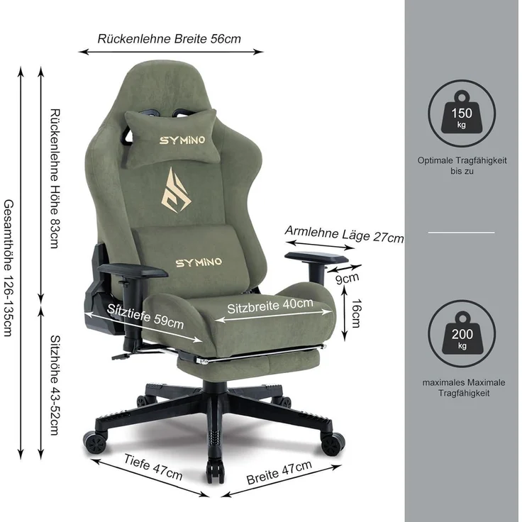 Symino Gaming Stuhl Bürostuhl Hochwertiger Stoff Grün Kunstfell – Bild 2