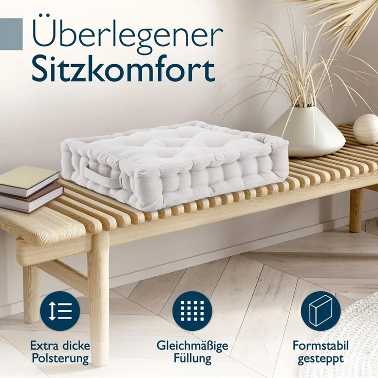 Beautissu Stuhlkissen 4er Set Bodenkissen Sitzkissen Mila, 40x40 cm, Natur, Matratzenkissen 10cm, 100% Baumwolle Stuhlkissen Indoor & Outdoor – Bild 2
