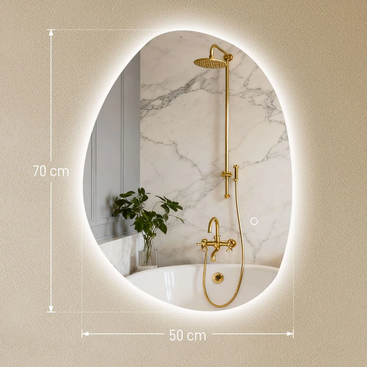 MELAYR, 70 x 50 cm Asymmetrischer Badspiegel mit LED-Licht, Smart Touch Schalter, Anti-Beschlag-Funktion, Silber – Bild 5