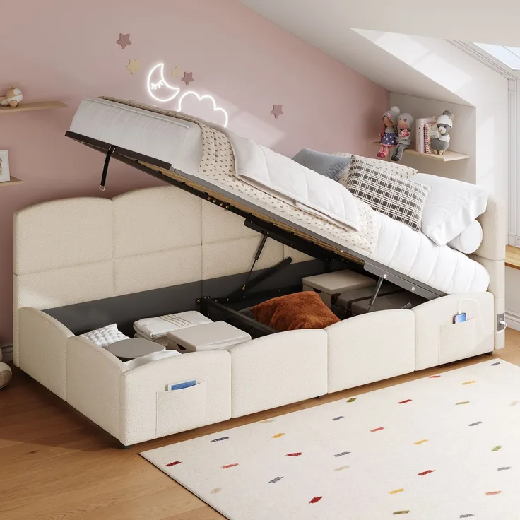 EINHOM Polsterbett, Kinderbett, Einzelbett, Stauraumbett, Schlafsofa 90 x 200 cm, mit Lattenrost, Bouclé-Stoff, USB-Ladegerät, Stautasche, Jugendbett und Erwachsenen-Kinderbett, Beige, (Ohne Matratze)