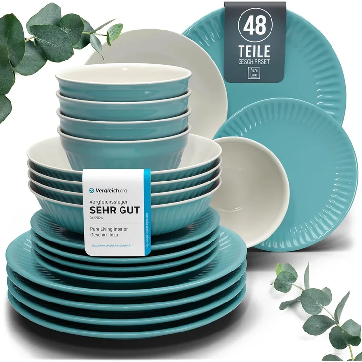 Steingut Geschirrset 12 Personen Hygge 48 tlg. TESTSIEGER, Traumhaftes Skandinavisches Steingut Geschirr Set, Schüssel- und Teller Set, Tafelservice 12 Personen, Geschirrsets Pure Living in Petrol – Bild 1