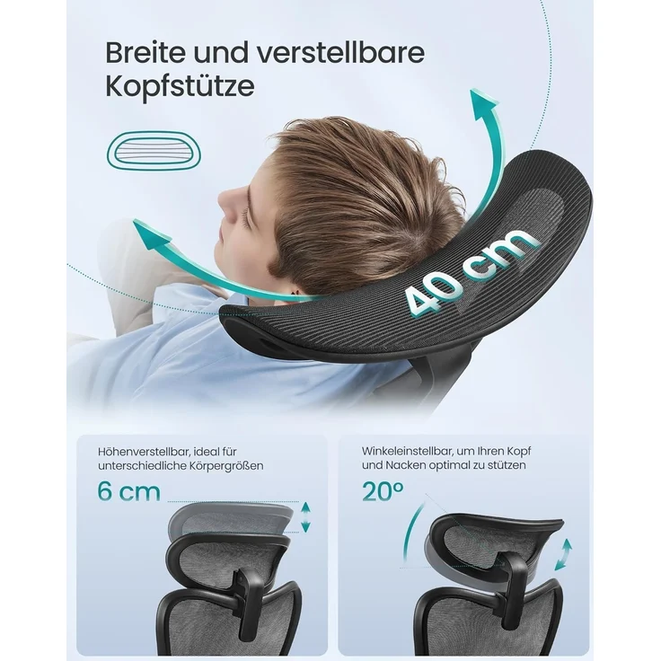 SONGMICS Bürostuhl ergonomisch, Schreibtischstuhl, Computerstuhl, verstellbare Lenden- und Kopfstütze, bis 150 kg belastbar, höhenverstellbar, tintenschwarz OBN066BH01 – Bild 7