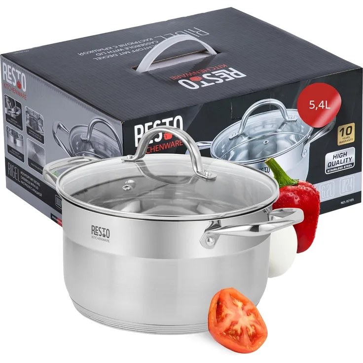 RESTO Kitchenware Kochtopf Rigel, Topf energiesparend und spülmaschinenfest, Edelstahl 18/10 (2-tlg), mit hitzebeständigem Glasdeckel, im Geschenkkarton