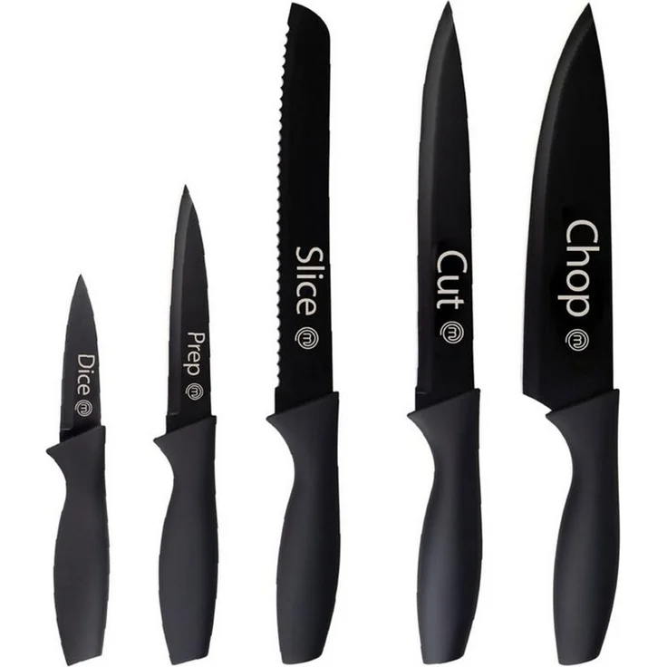 MasterChef Messer Set, Messerset mit Küchenmesser, Kochmesser, Brotmesser, Schälmesser & Allzweckmesser, Schneidemesser Küche Set, Scharfe Messer mit Edelstahlklingen, Softgriff, 5-teilig, Schwarz – Bild 1