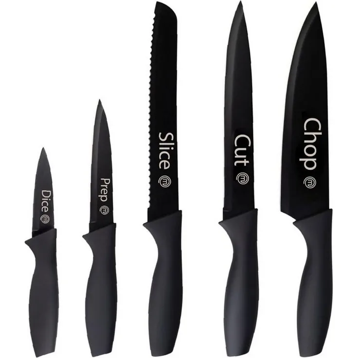 MasterChef Messer Set, Messerset mit Küchenmesser, Kochmesser, Brotmesser, Schälmesser & Allzweckmesser, Schneidemesser Küche Set, Scharfe Messer mit Edelstahlklingen, Softgriff, 5-teilig, Schwarz
