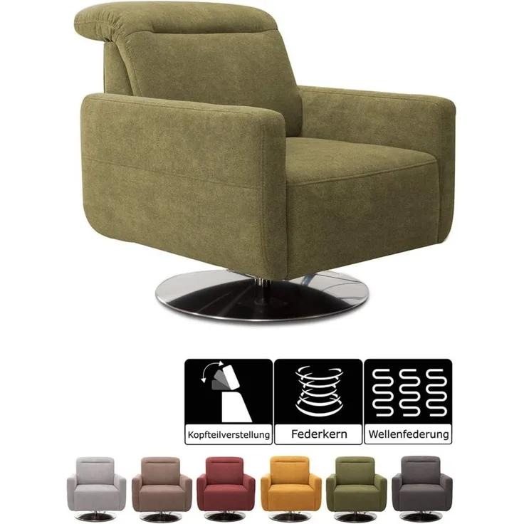 CAVADORE Sessel Gizmo / Drehsessel mit verstellbarer Kopfstütze und Federkern / 78 x 86 x 100 / Jacquard, grün