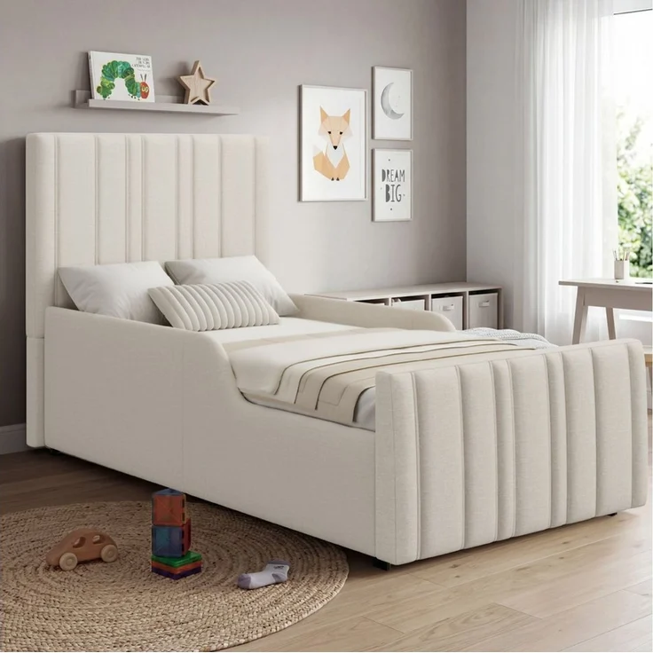 MODFU Polsterbett Beiges Leinen-Einzelbett 90x200 cm mit Stauraum (Packung, 1-tlg, Hydraulisches Funktionsbett, inkl. Lattenrost), Gepolstertes Kopfteil, für Kinder- & Jugendzimmer(ohne Matratze) – Bild 3