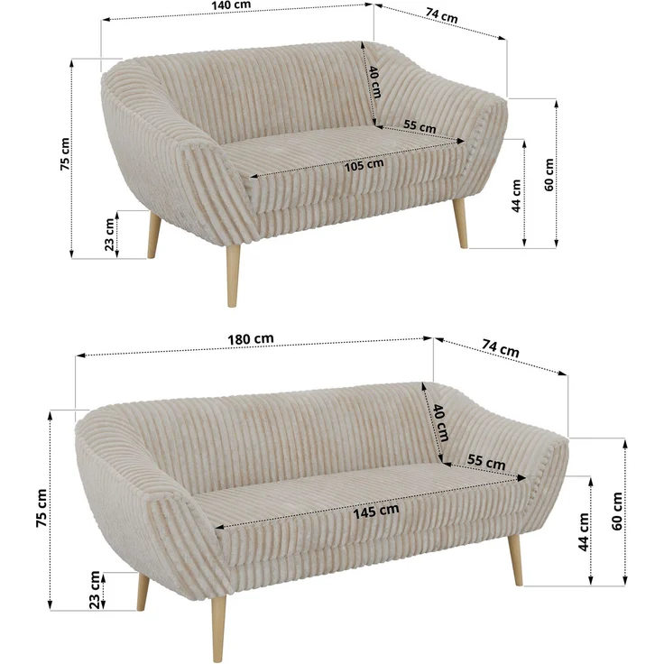 Skandinavisches Sofa Set PIRS 3-2, Komplettset, Wellenfederung, Buche Füße, Sitzgruppe, Polstermöbel Set - Beige Cord – Bild 5