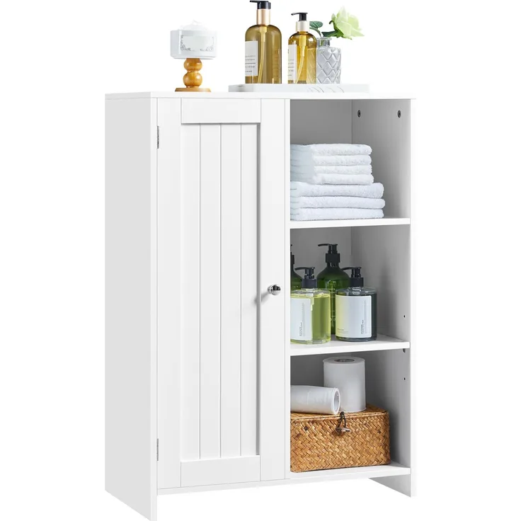 Yaheetech Badezimmerschrank, Freistehender Badschrank mit 1 Tür und 3 Offenen Ablagen, Kommode mit 1 Verstellbaren Einlegeboden, Aufbewahrungsschrank für Badezimmer Wohnzimmer Flur Küche (Weiß)