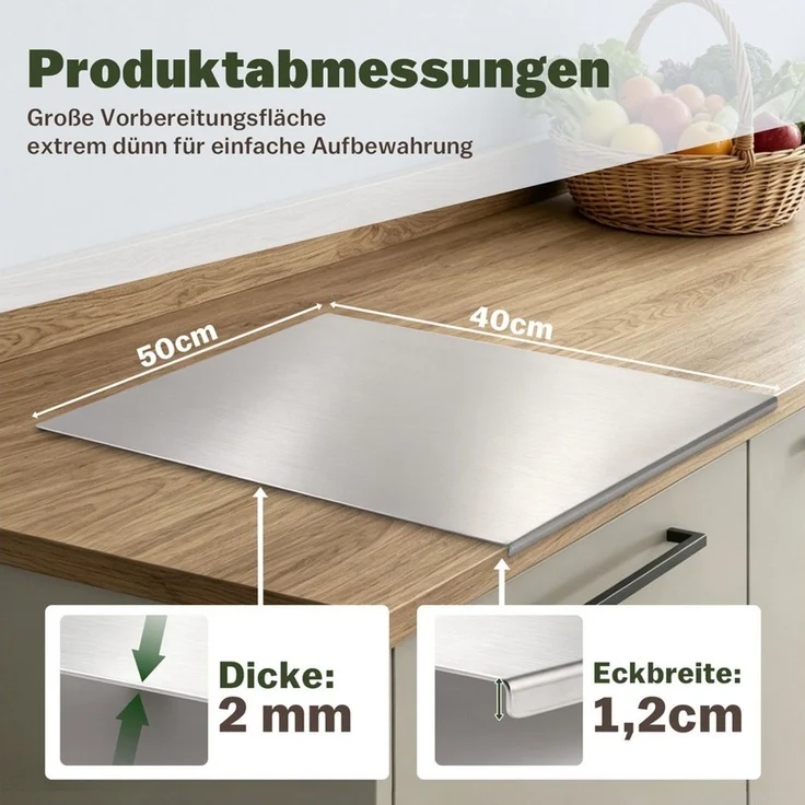 PRIISF Schneidebrett Edelstahl Schneidbrett 50x40 cm Küche Schneidebrett mit Anschlagkante, Edelstahl, (rutschfest Schneidbrettchen Generic Arbeitsplatte Knetbrett XXL Groß, Schweres Schneidebretts Beidseitig Verwendbar für Obst Gemüse Fleisch), Doppel... – Bild 2