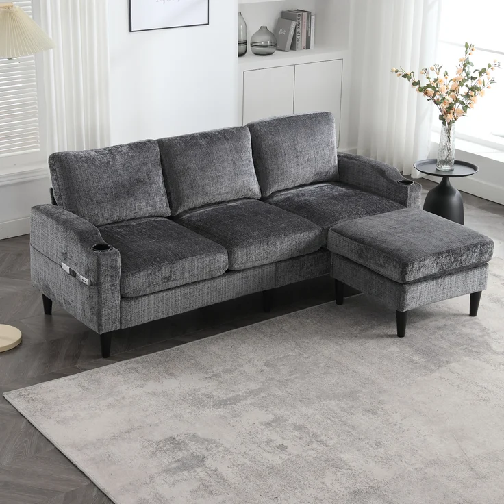 LVHOM Loungesofa mit Hocker & Stauraum, 4-Sitzer, Armlehnen, Getränkehalter, Seitentaschen, weiche Chenille-Stoff, modulare Sofa, Grau – Bild 8